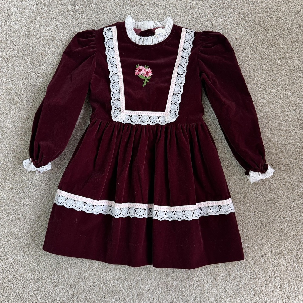 Vintage R-Gee Originals Dress Girls 6 Red Velvet Lace Long Sleeve Party Formal